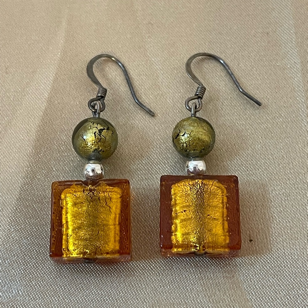Orange Square Glass Drop Earrings with Olive Accent